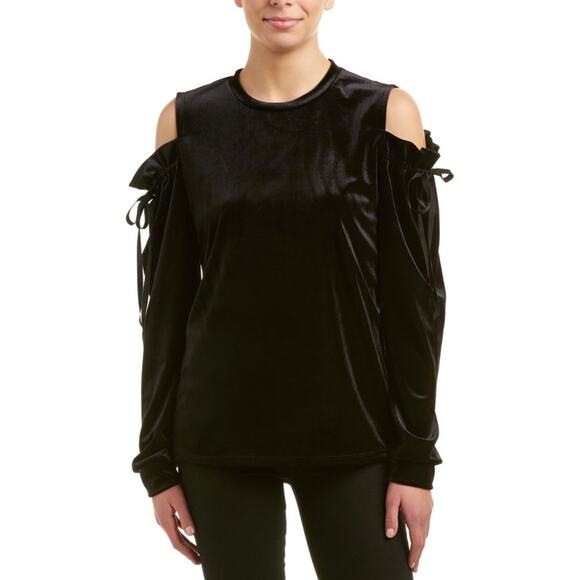 SAMANTHA DRU Ruffle Velvet Cold Open Shoulder Tie Bow Sweatshirt Top - Picture 1 of 10